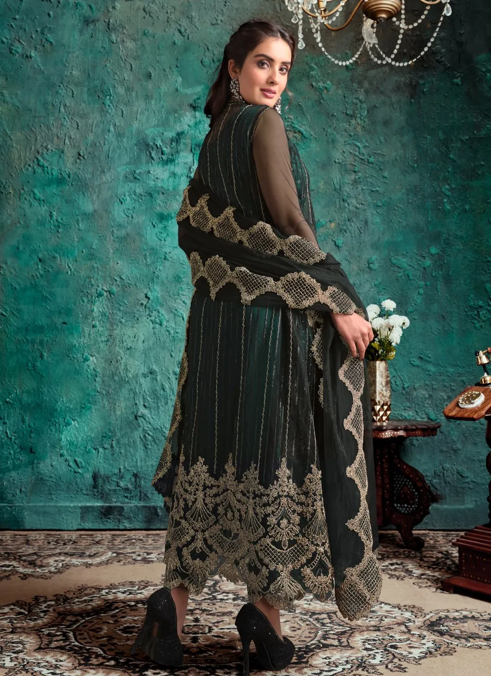 Green Net Designer Fancy Pakistani Style Suit