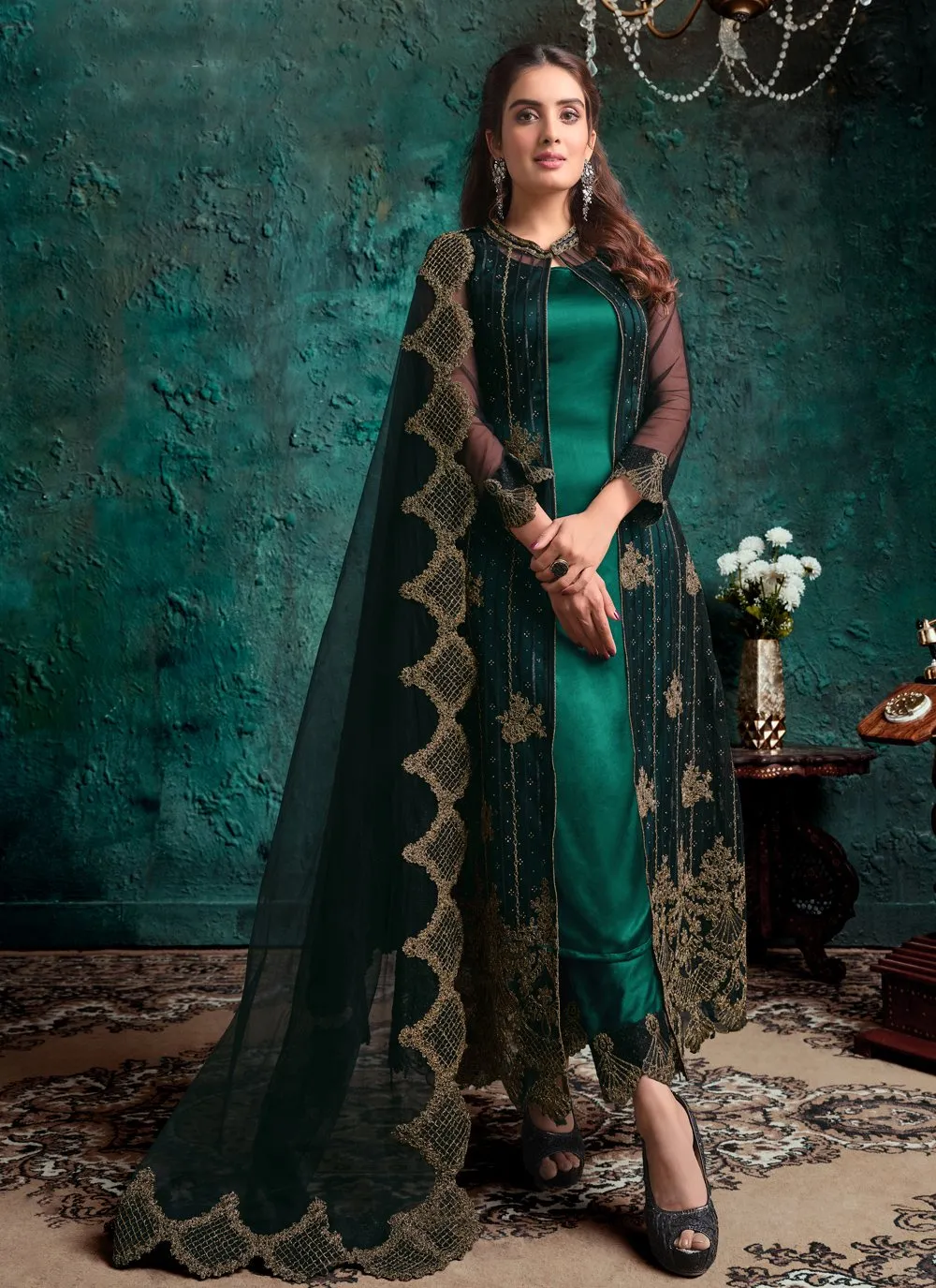 Green Net Designer Fancy Pakistani Style Suit