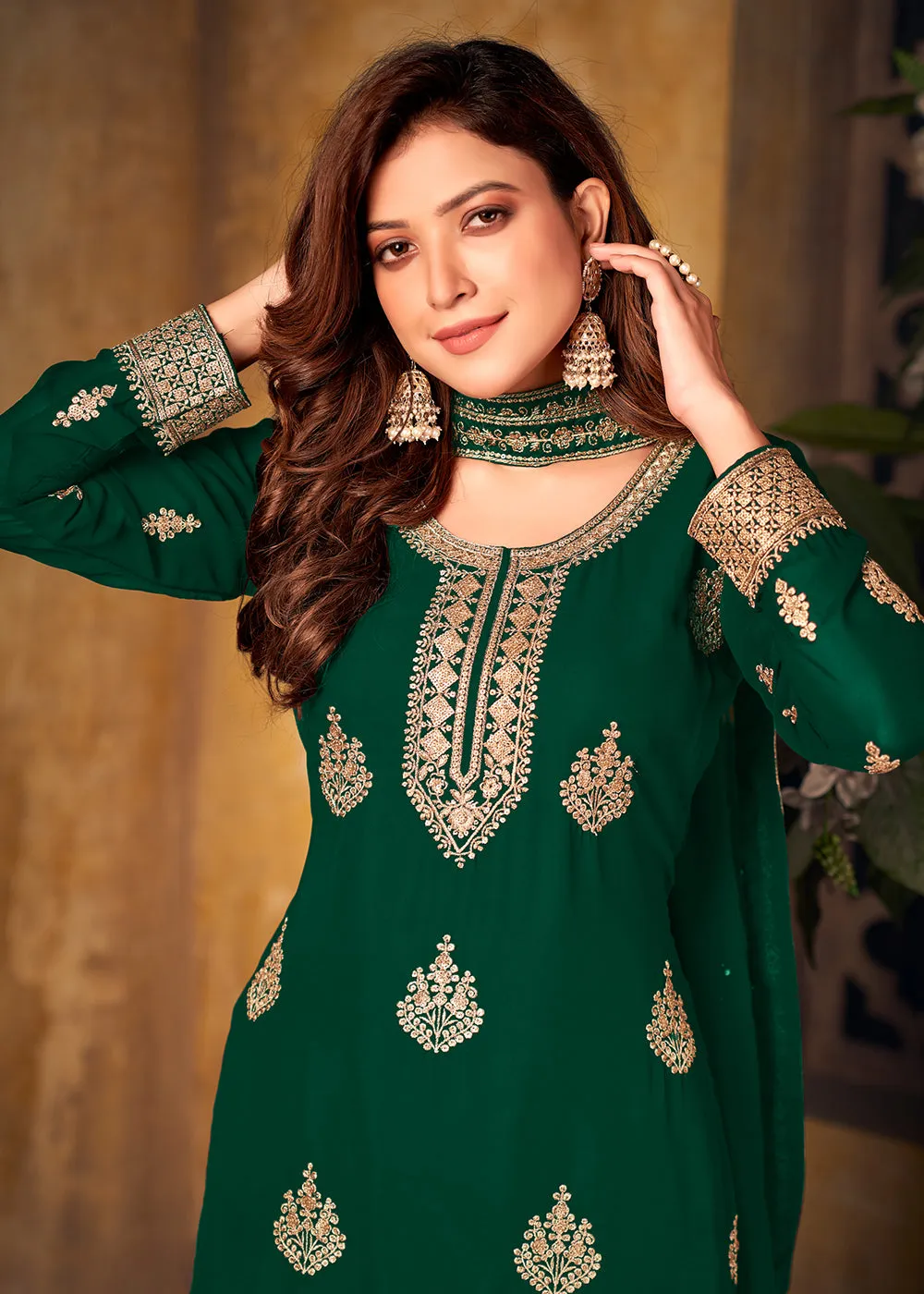 Green Thread & Zari Embroidered Palazzo Suit with Dupatta