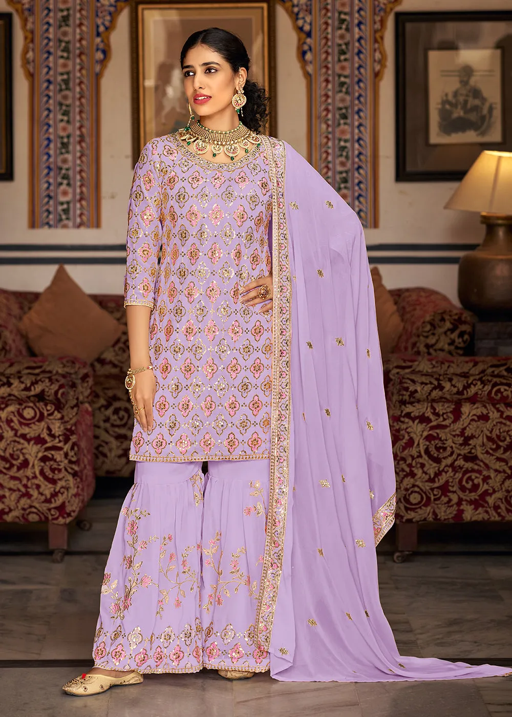 Heavy Georgette Lavender Sequins Embroidered Gharara Suit