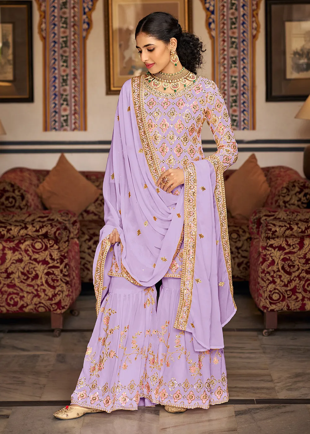 Heavy Georgette Lavender Sequins Embroidered Gharara Suit