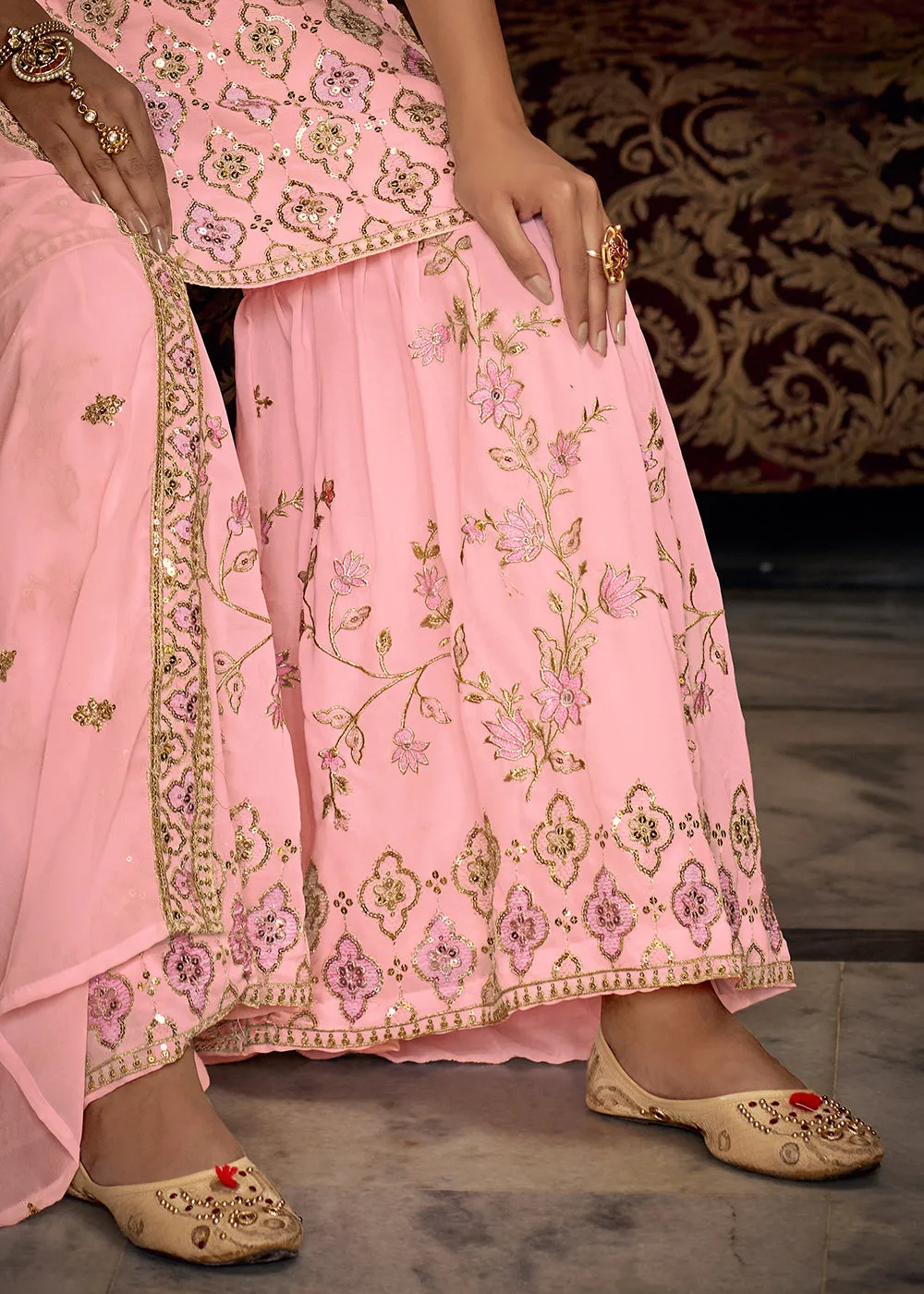 Heavy Georgette Pink Sequins Embroidered Gharara Suit