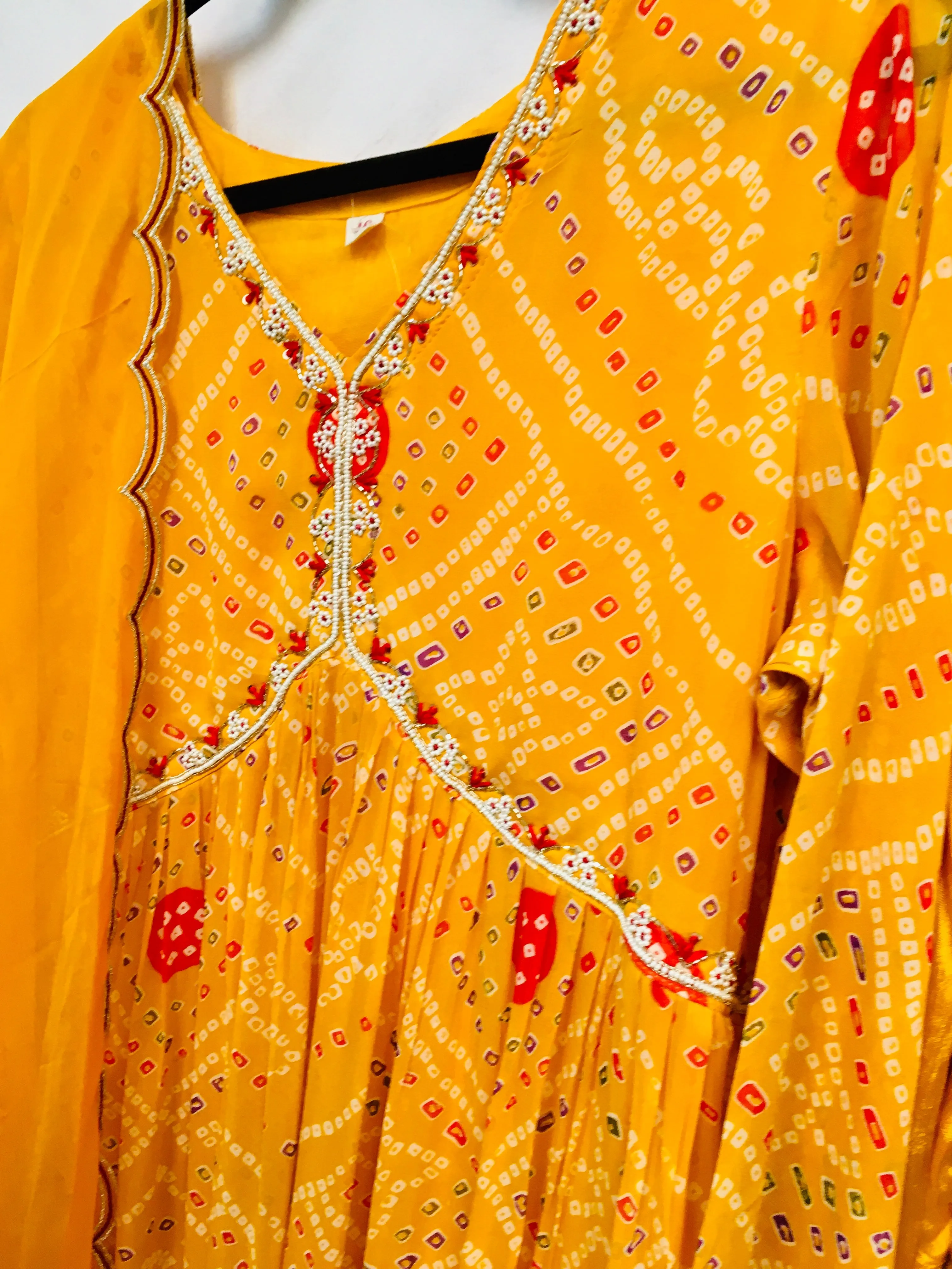 HHR003-Alia cut chiffon bandini suit in mango yellow with dupatta.