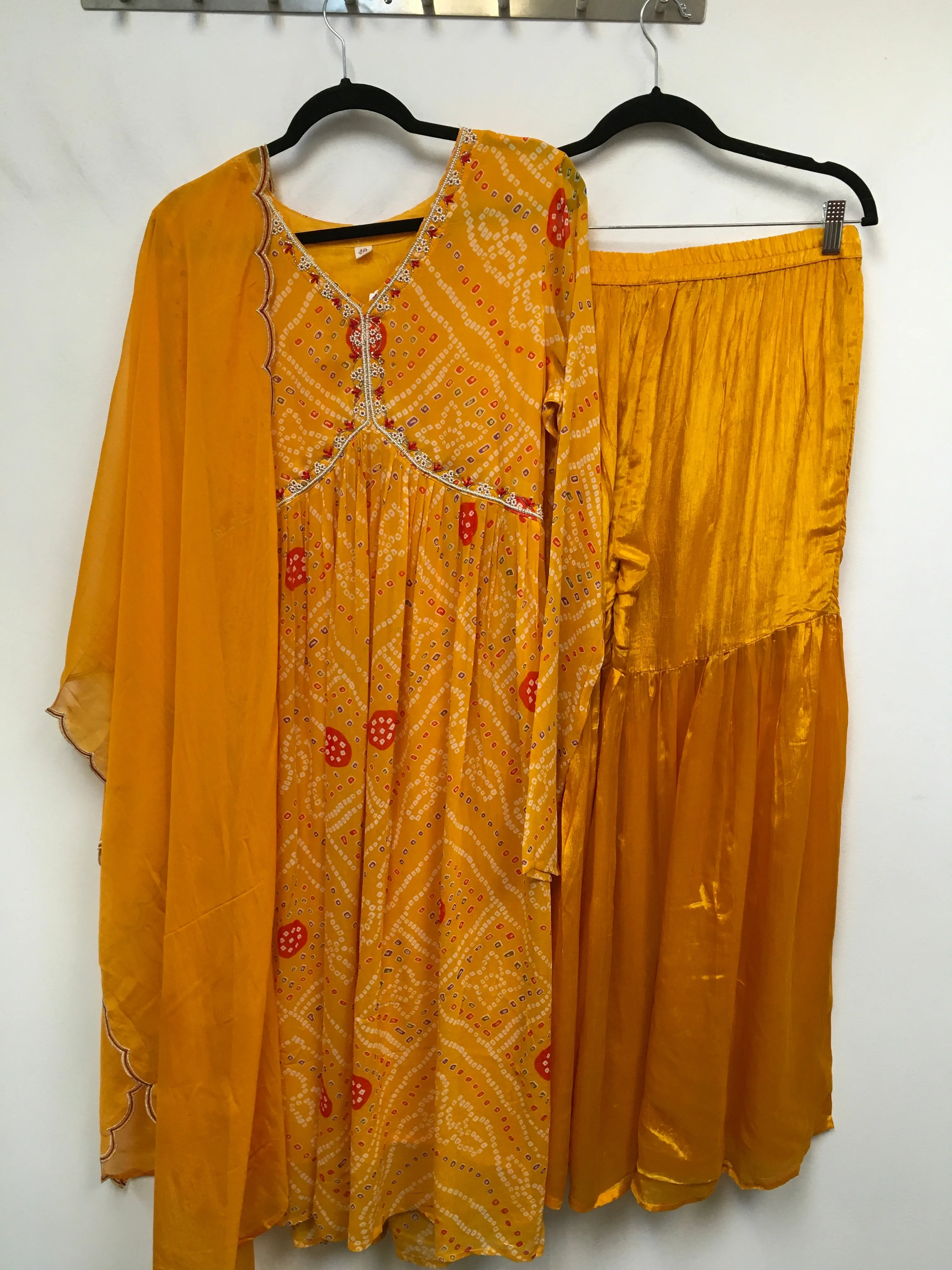 HHR003-Alia cut chiffon bandini suit in mango yellow with dupatta.