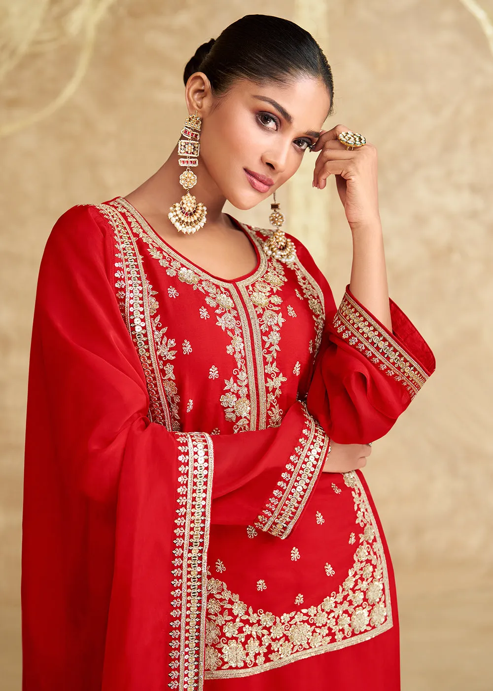 Hot Red Embroidered Chinnon Silk Sharara Suit