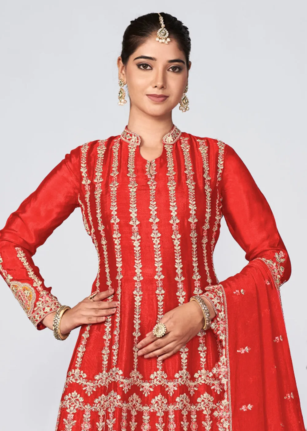 Hot Red Heavy Chinnon Embroidered Festive Palazzo Suit