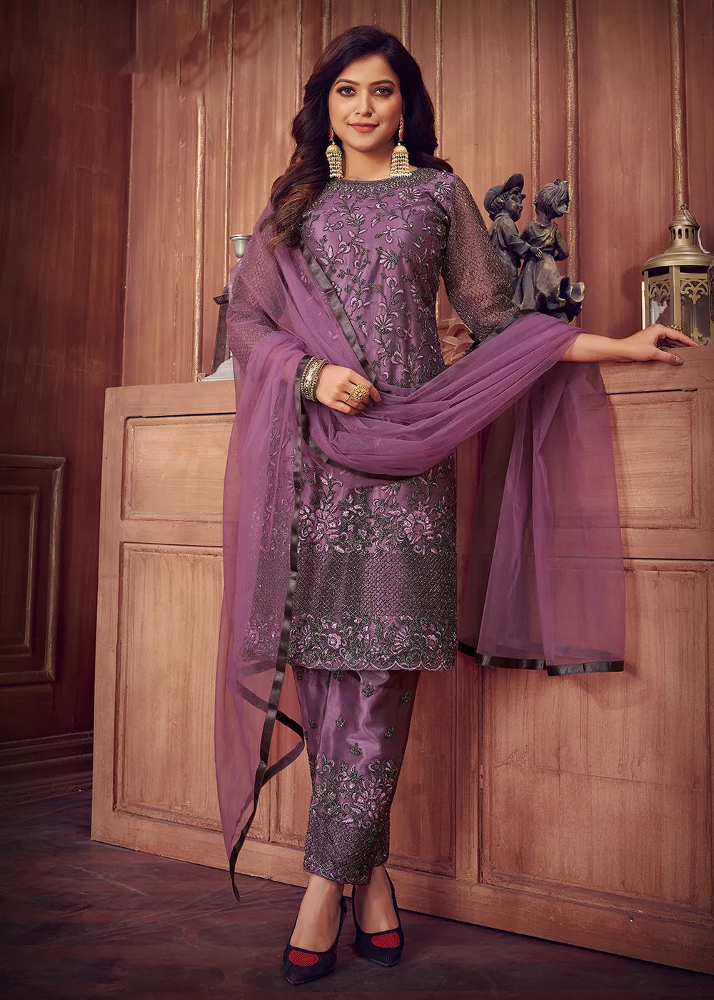 Indian Designer Lilac Net Pant Style Salwar Suit