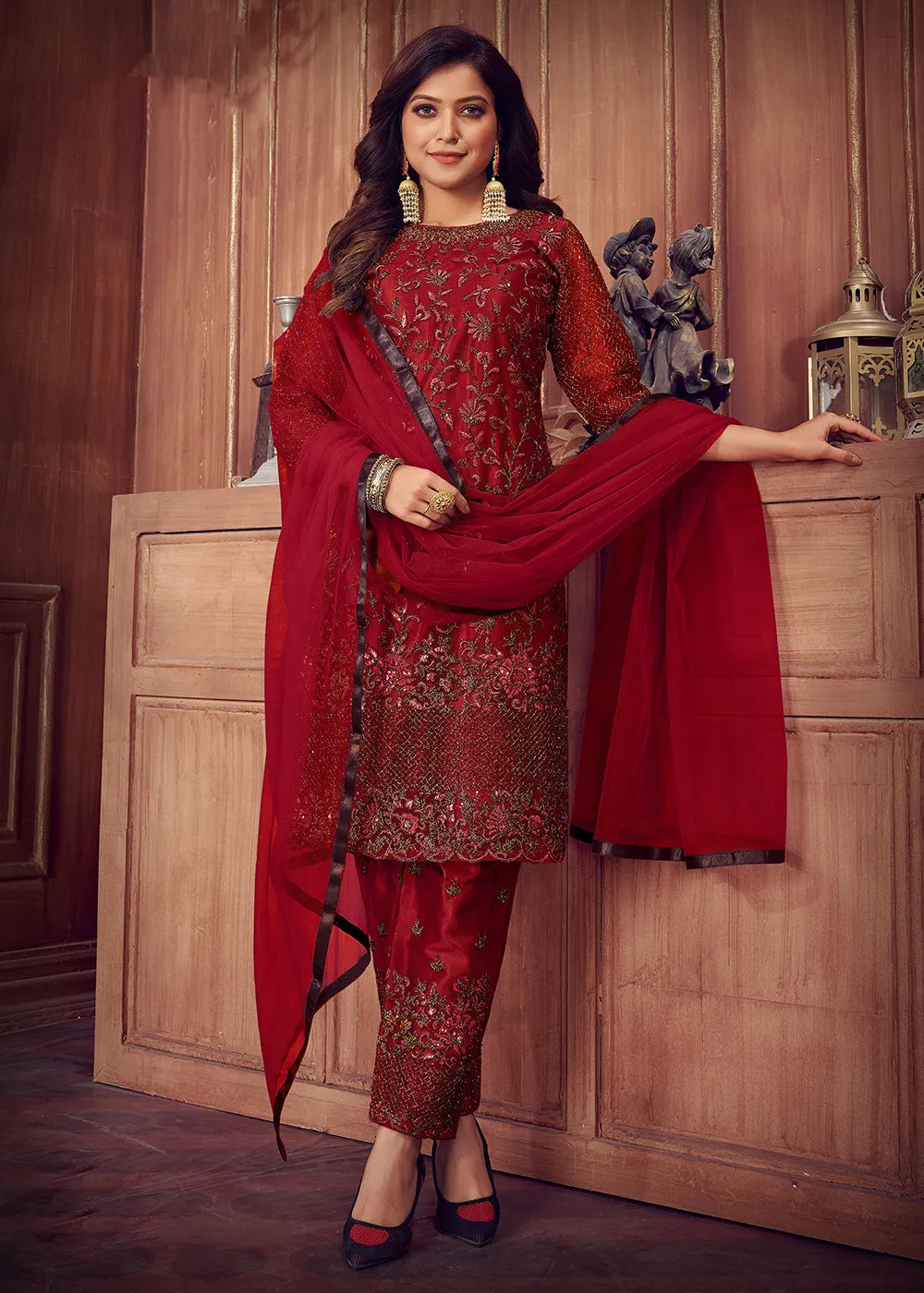 Indian Designer Red Net Pant Style Salwar Suit