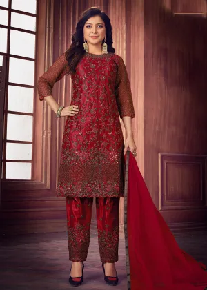 Indian Designer Red Net Pant Style Salwar Suit