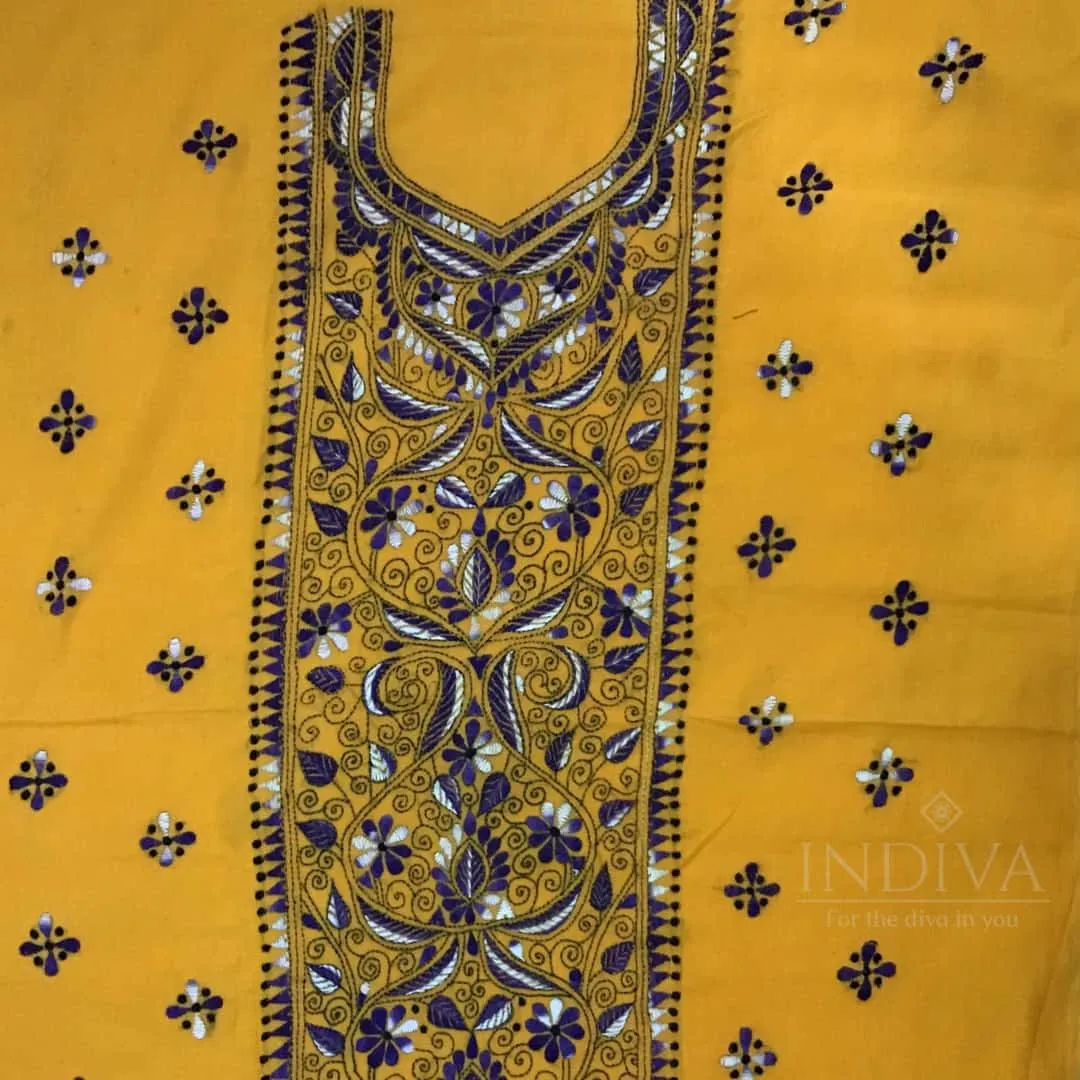 Indiva Handcrafted Kantha Yellow Cotton Top Material.