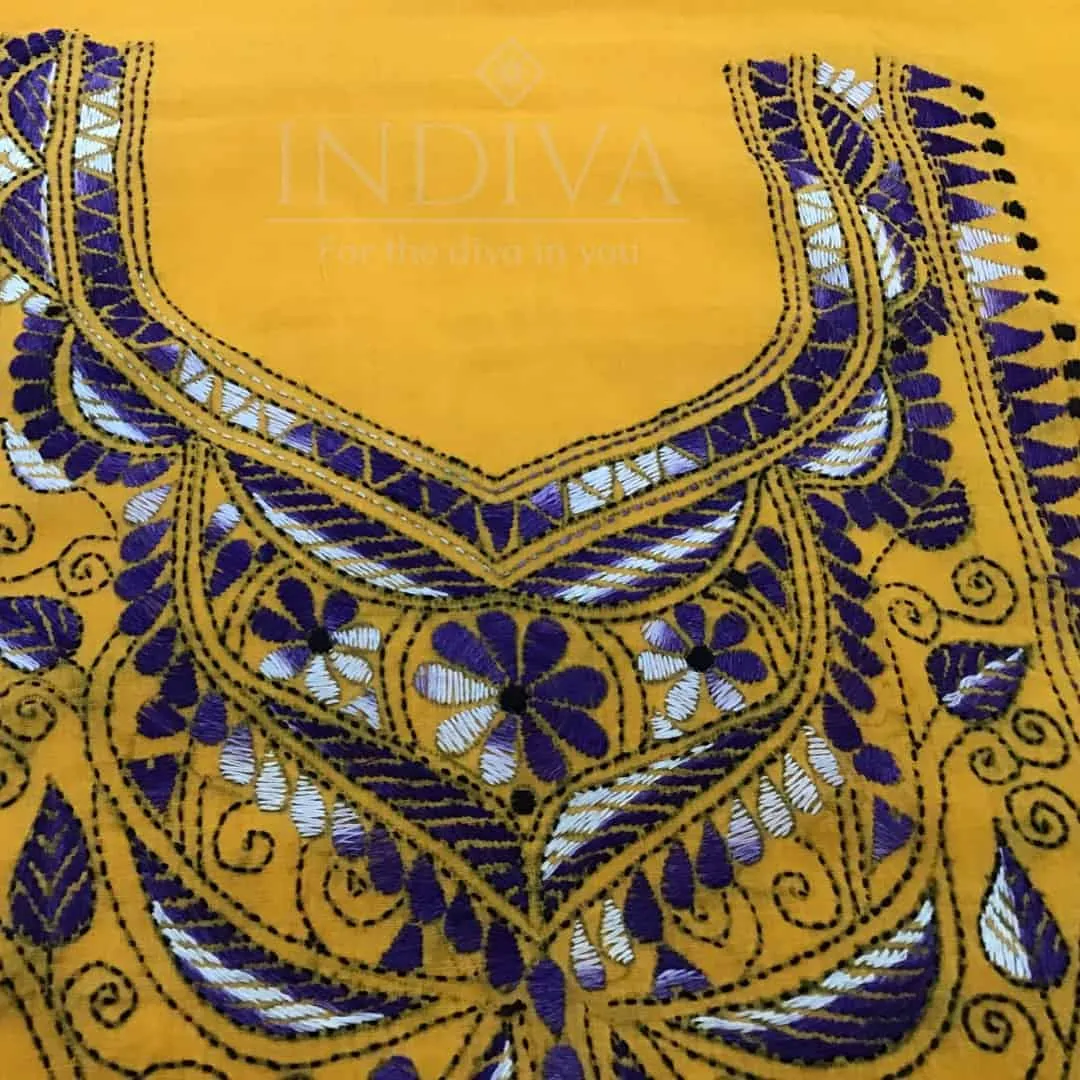 Indiva Handcrafted Kantha Yellow Cotton Top Material.