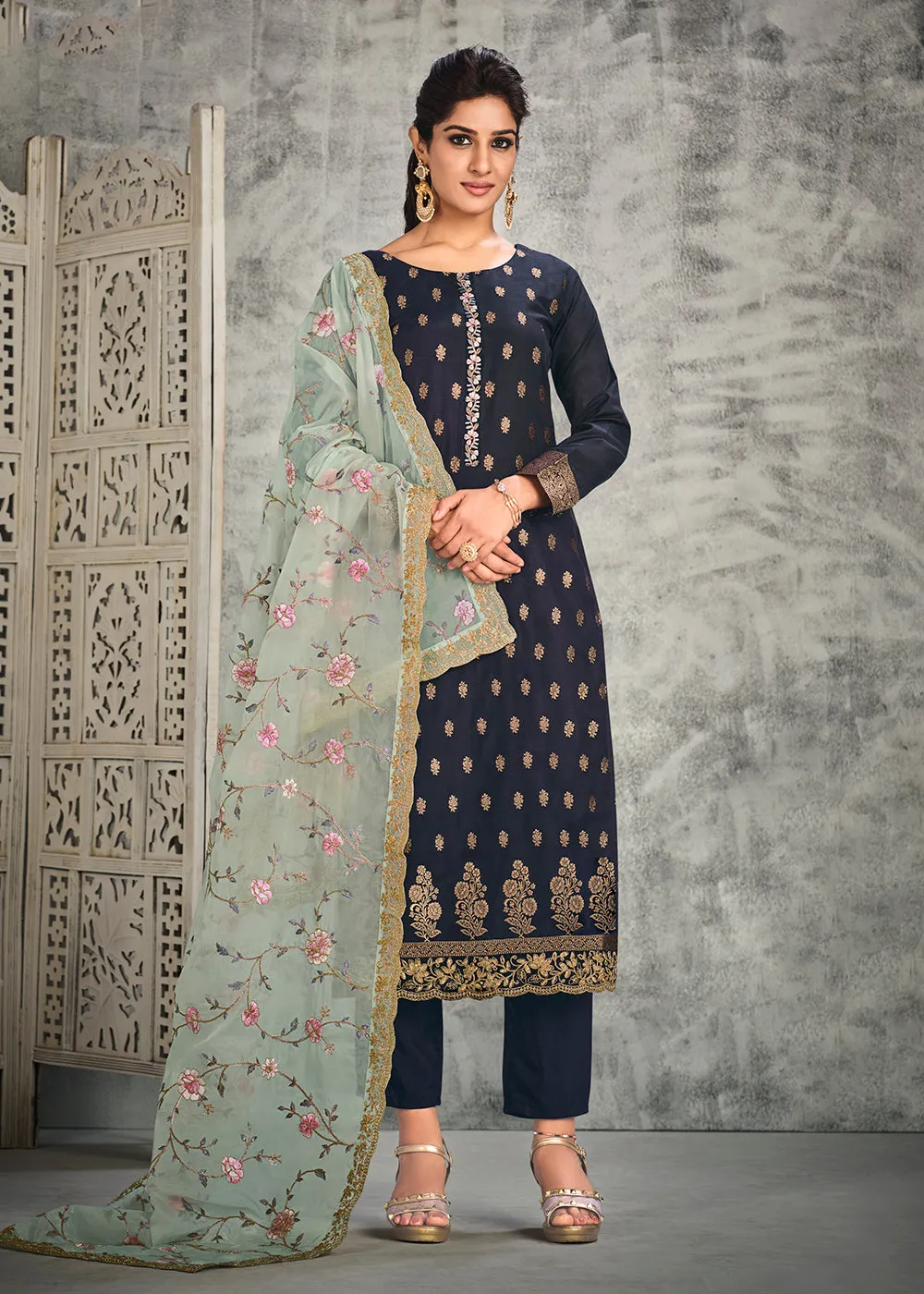 Jacquard Silk Adorning Blue Pakistani Style Pant Suit