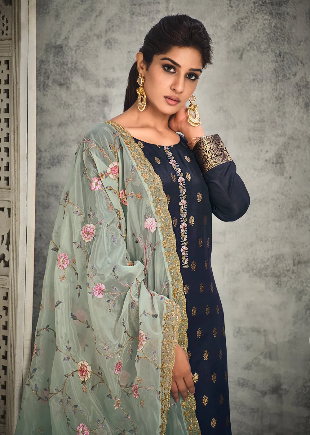 Jacquard Silk Adorning Blue Pakistani Style Pant Suit