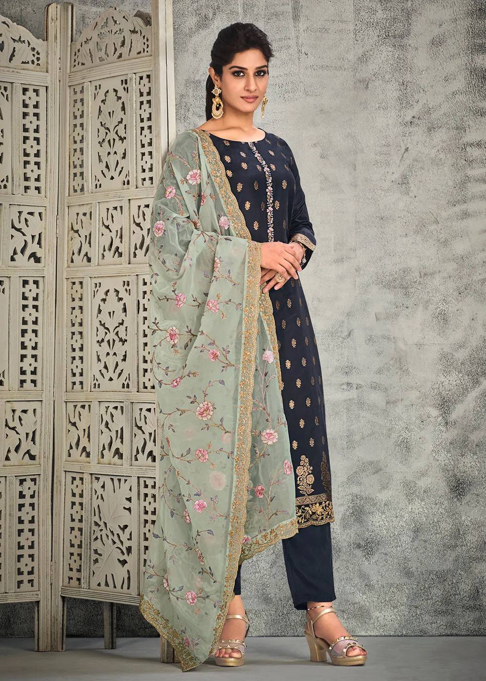 Jacquard Silk Adorning Blue Pakistani Style Pant Suit