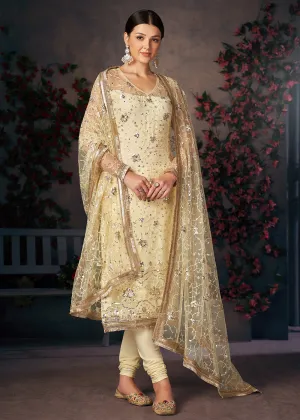 Lemon Yellow All Over Thread Work Net Churidar Suit