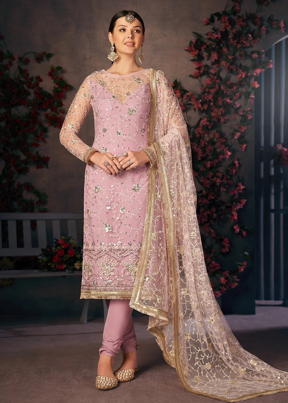 Light Lavender All Over Thread Work Net Churidar Suit