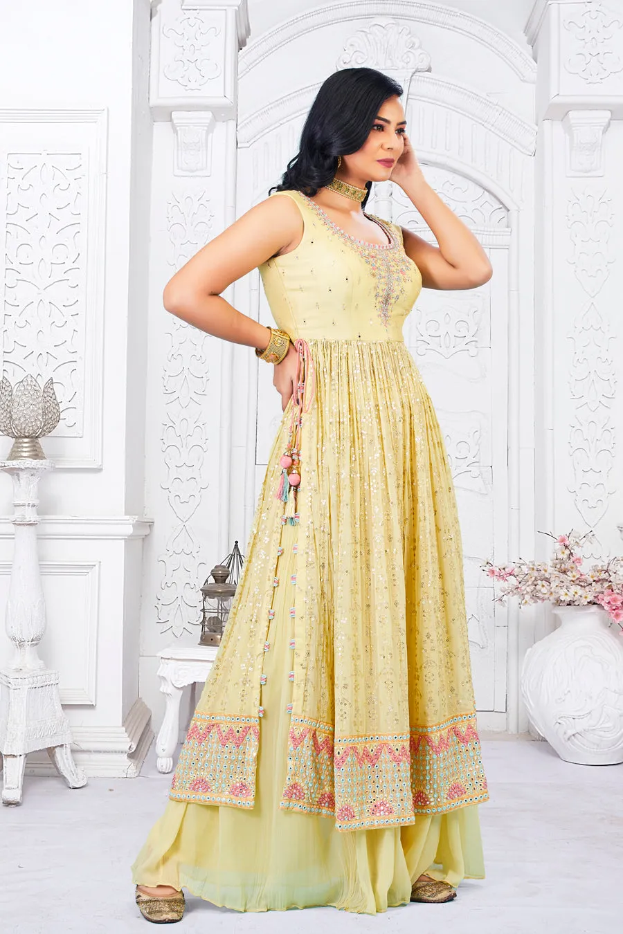 Long Yellow Mirror and Sequin top with Lehenga and Dupatta