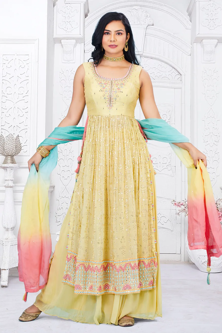 Long Yellow Mirror and Sequin top with Lehenga and Dupatta