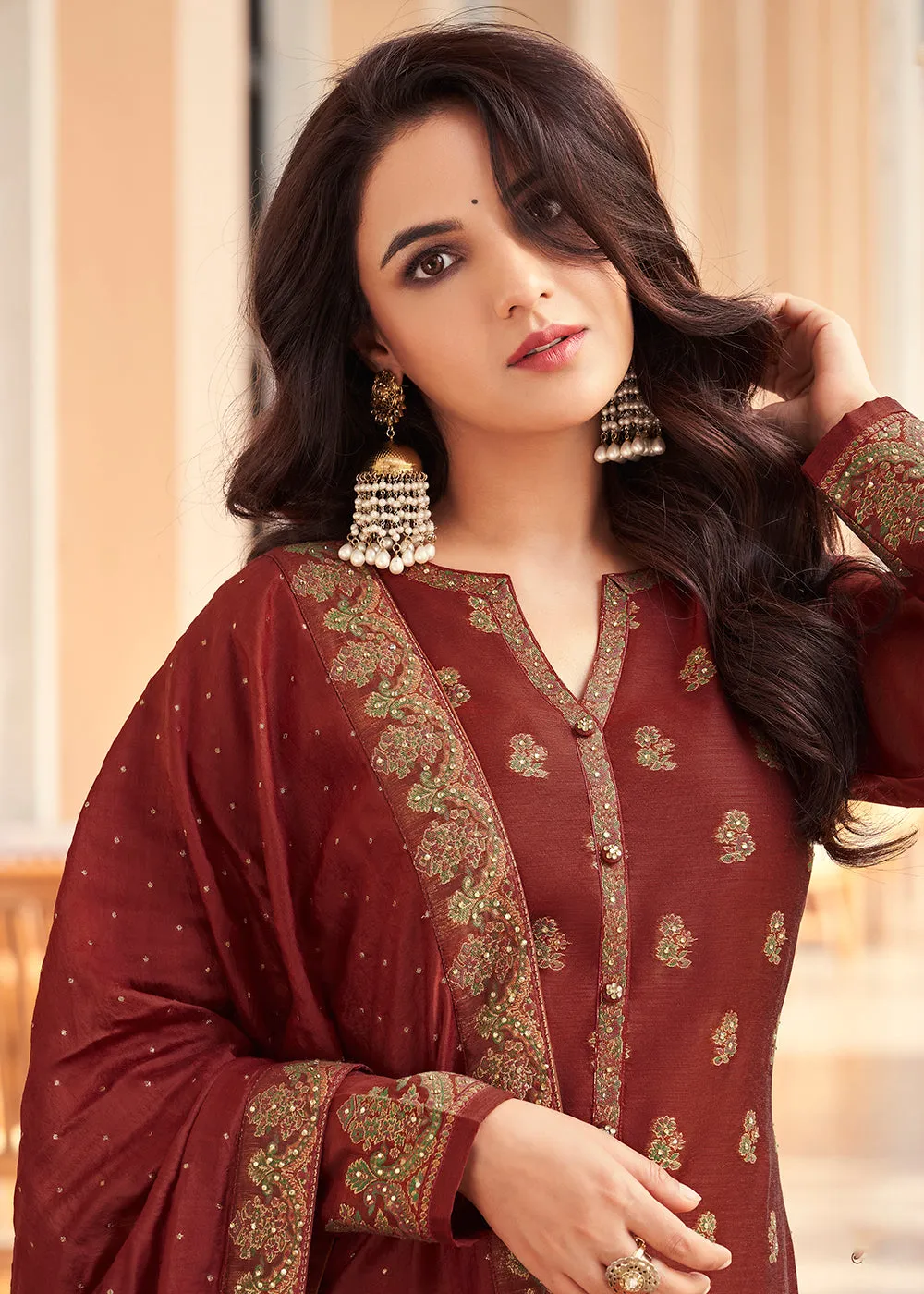 Maroon Jacquard Embordered Festive Pant Salwar Suit