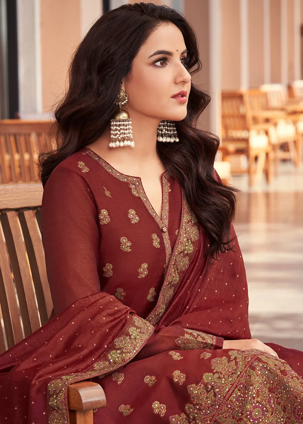 Maroon Jacquard Embordered Festive Pant Salwar Suit