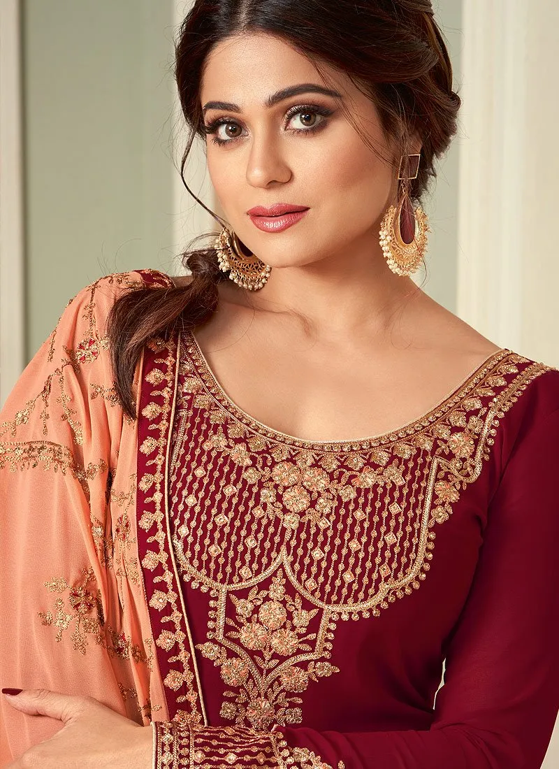 Maroon Lehenga Suit featuring Shamita Shetty