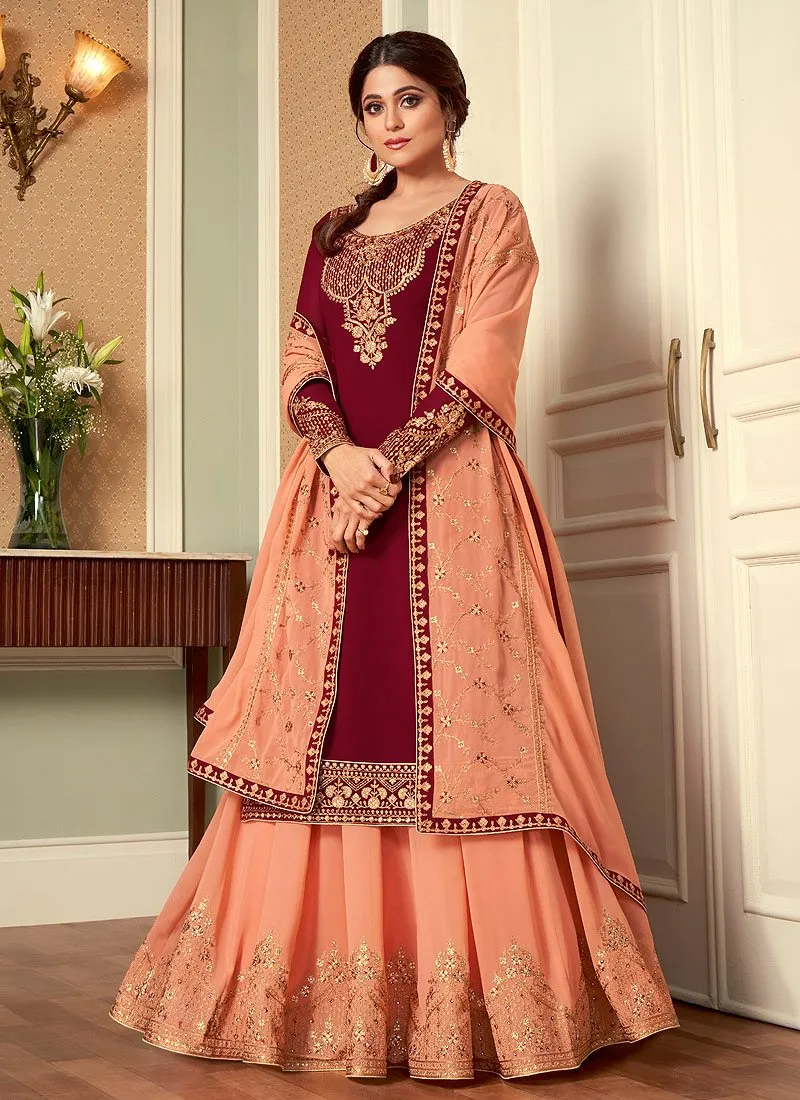 Maroon Lehenga Suit featuring Shamita Shetty