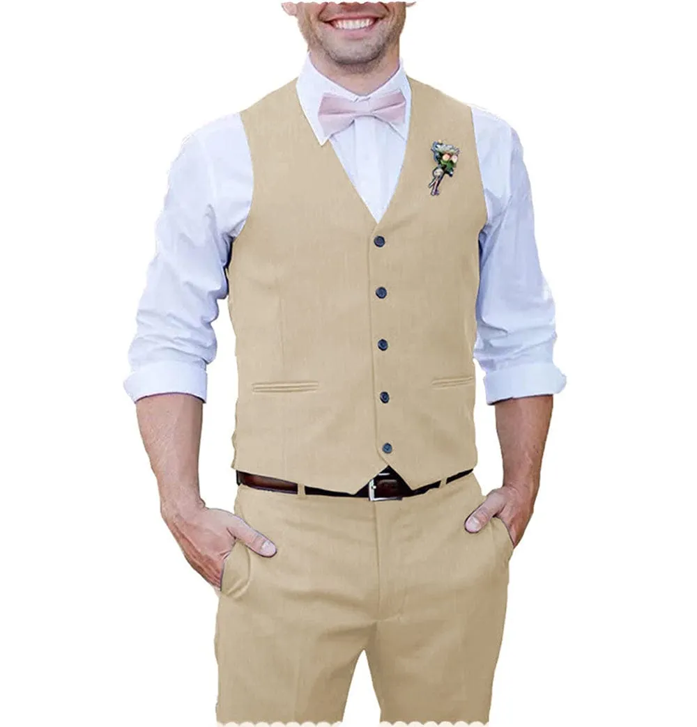 Men 2 Piece Linen Suits Groomsmen Tuxedos Prom Vest and Pants Set