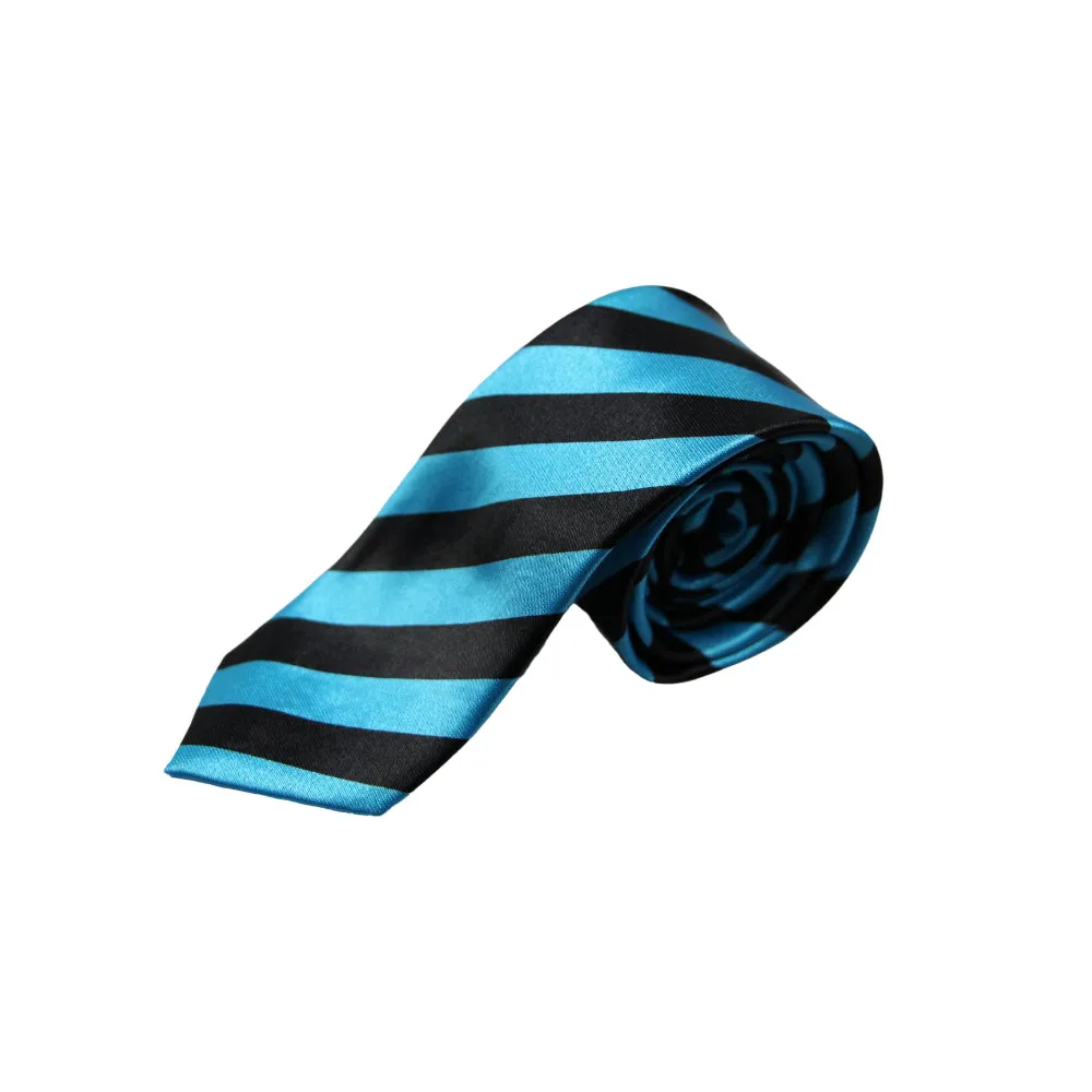 Mens Ocean Blue & Black Thick Striped 5cm Skinny Neck Tie