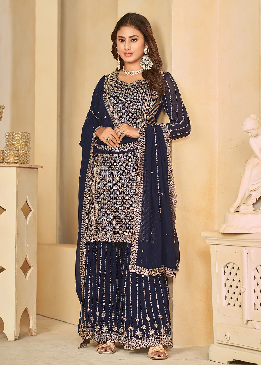 Mesmeric Blue Faux Georgette Palazzo Suit with Embroidery