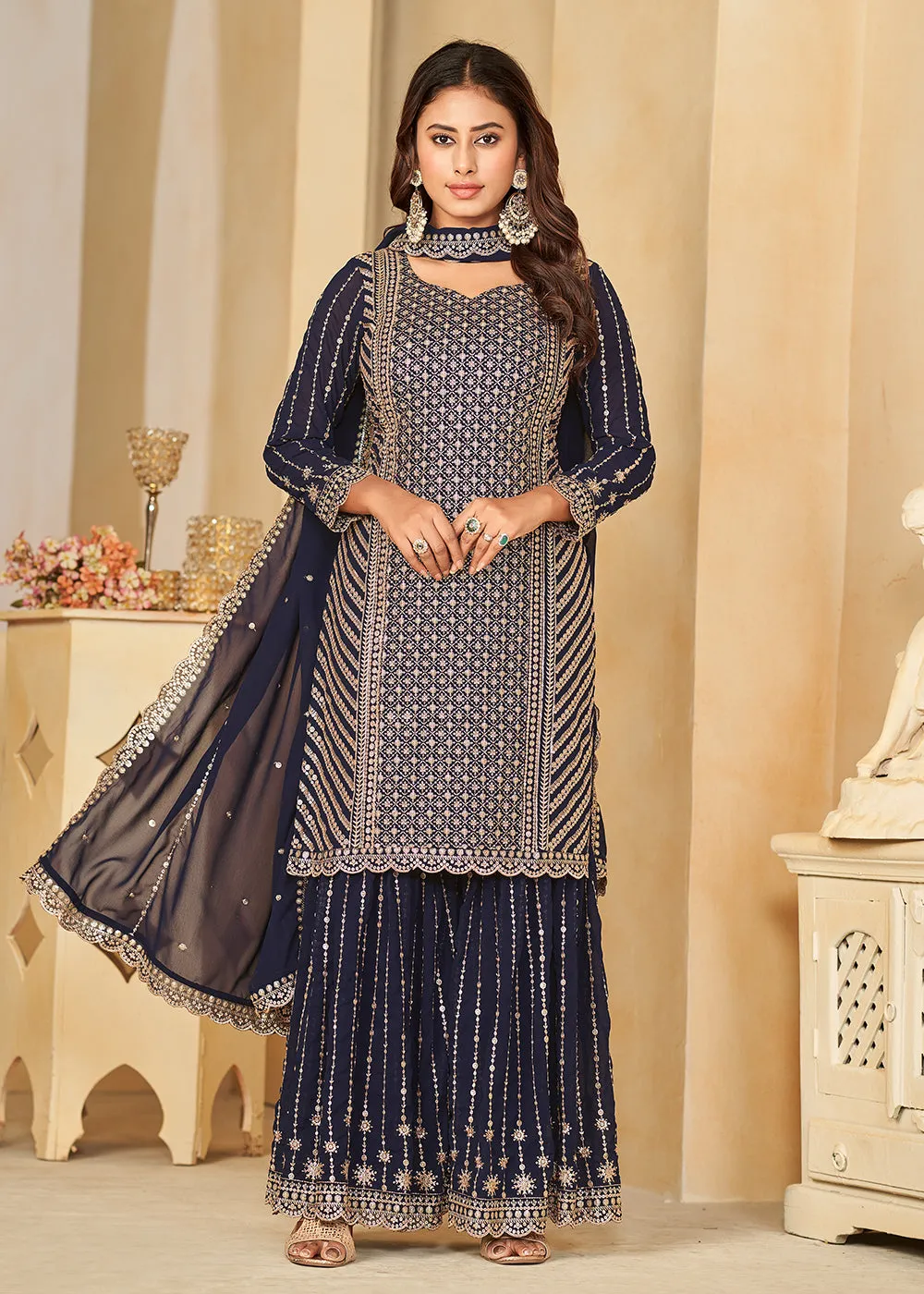 Mesmeric Blue Faux Georgette Palazzo Suit with Embroidery