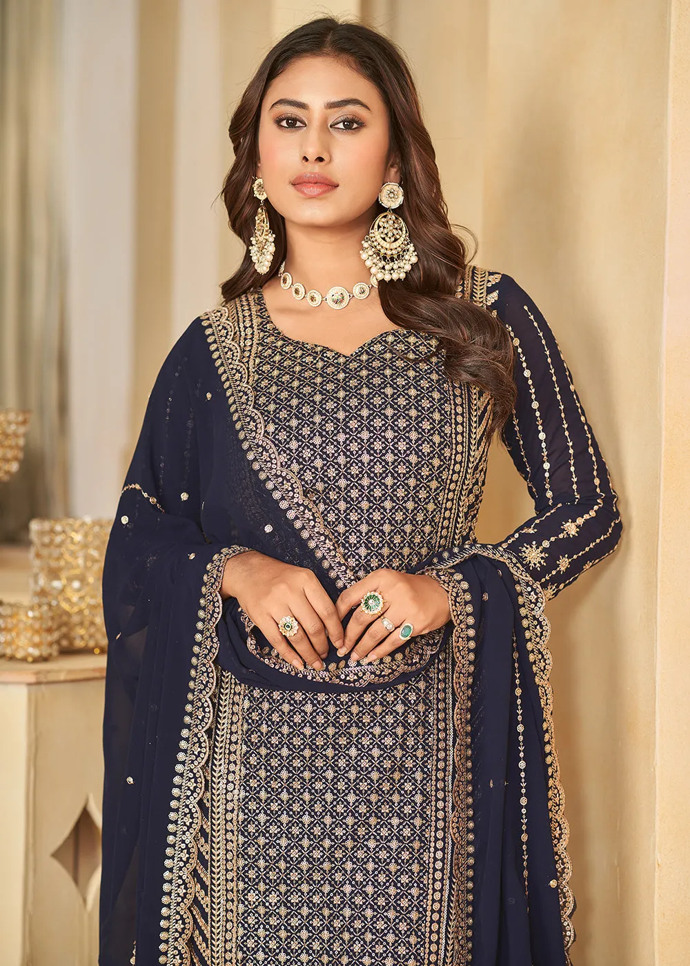 Mesmeric Blue Faux Georgette Palazzo Suit with Embroidery