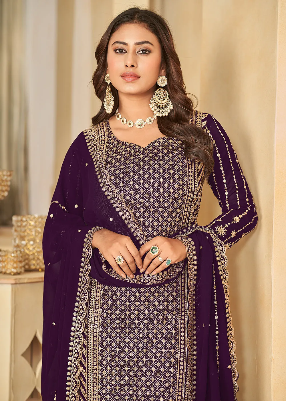 Mesmeric Purple Faux Georgette Palazzo Suit with Embroidery