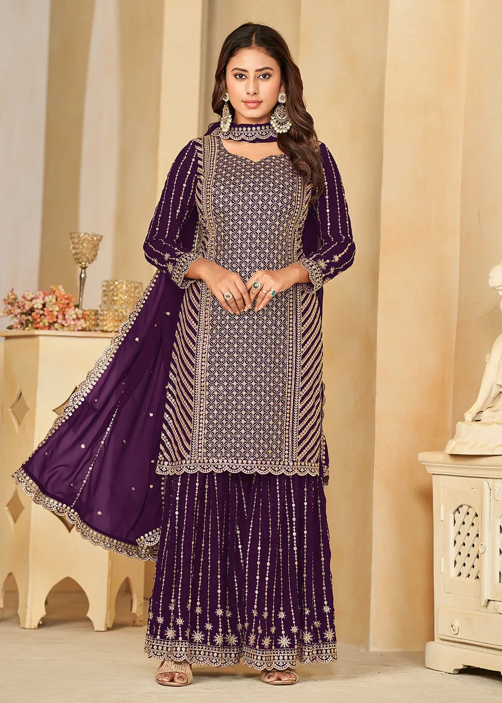 Mesmeric Purple Faux Georgette Palazzo Suit with Embroidery