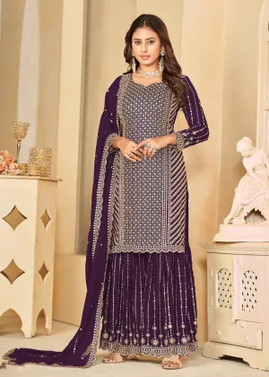 Mesmeric Purple Faux Georgette Palazzo Suit with Embroidery