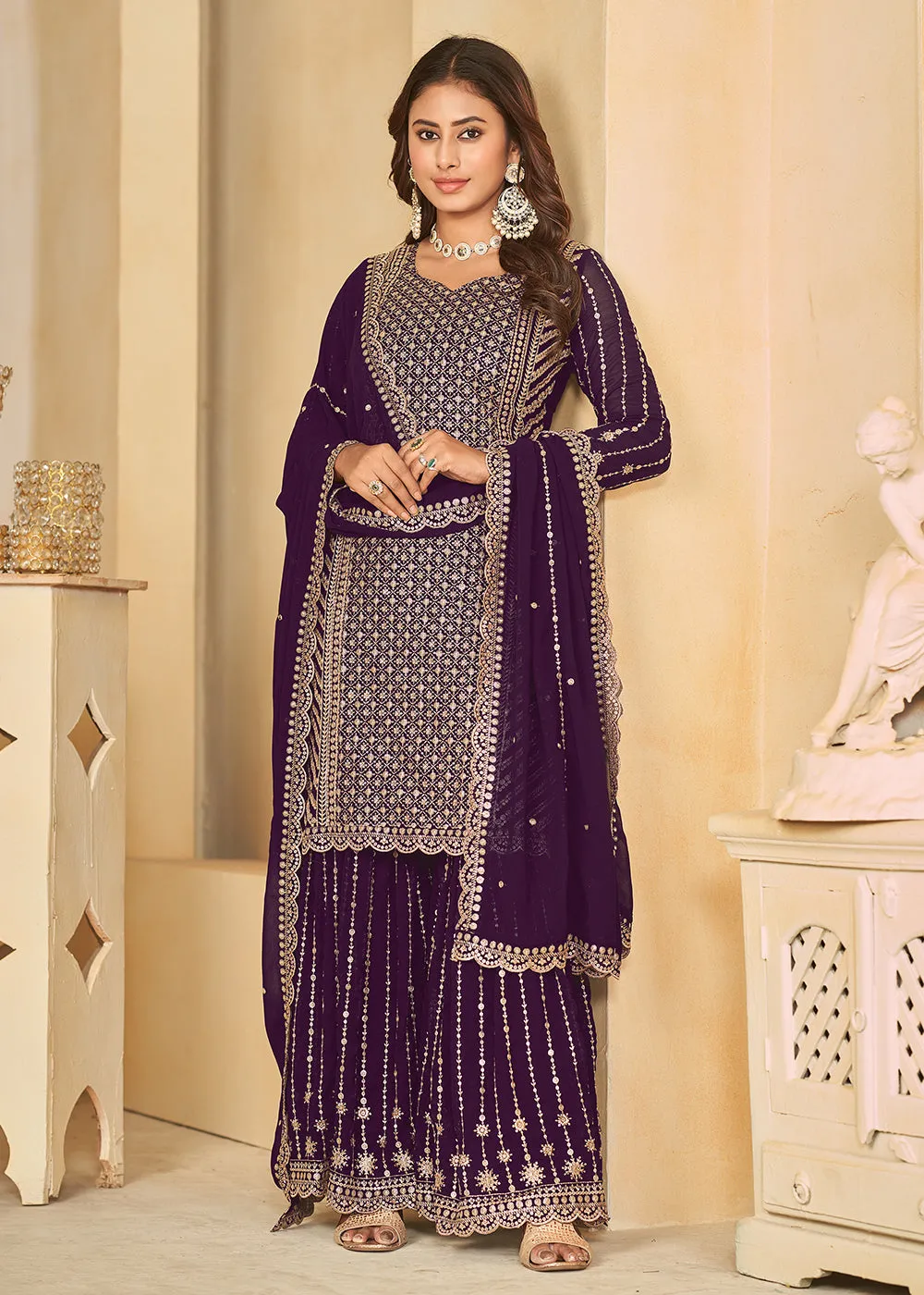 Mesmeric Purple Faux Georgette Palazzo Suit with Embroidery