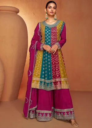 Multi Color Embroidered Chinon Salwar Suit with Dupatta