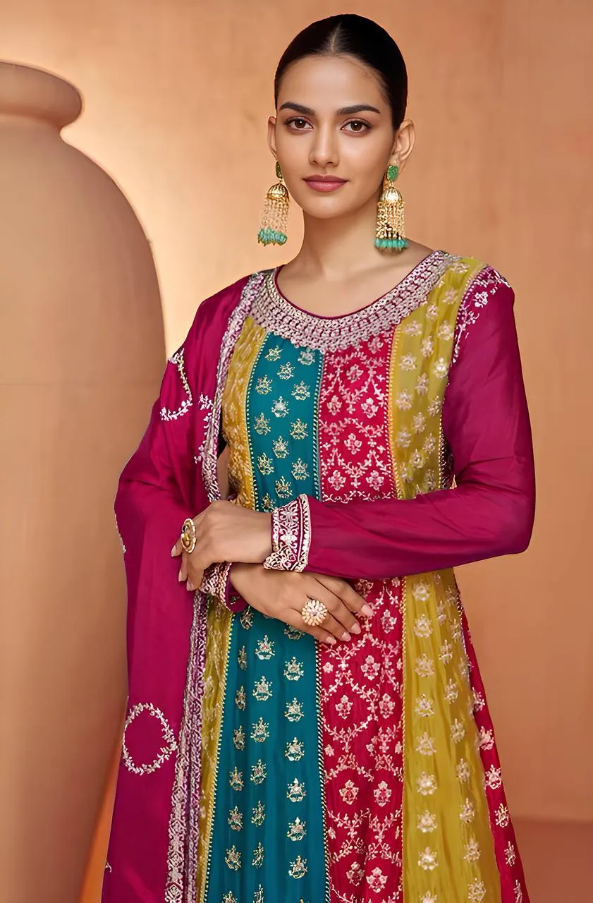 Multi Color Embroidered Chinon Salwar Suit with Dupatta