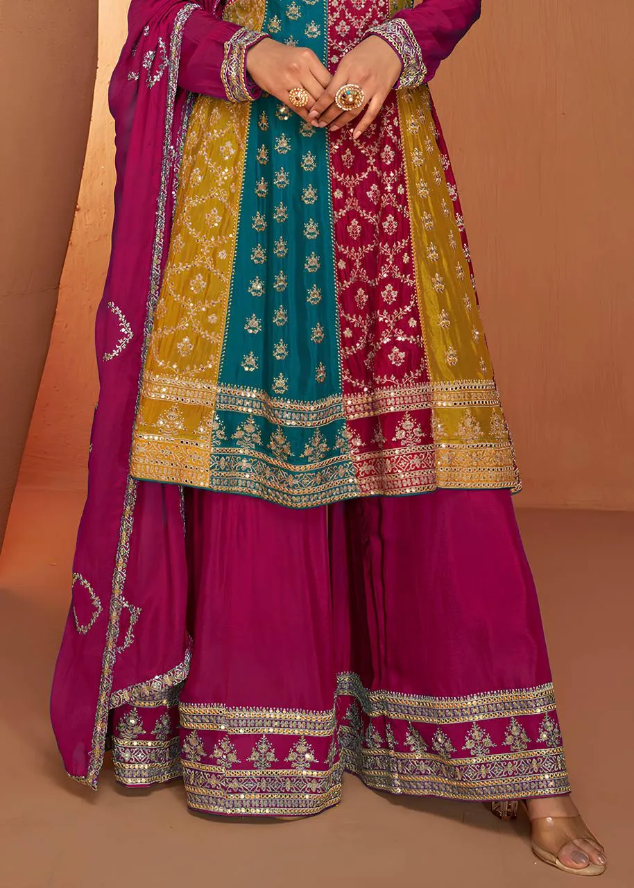 Multi Color Embroidered Chinon Salwar Suit with Dupatta