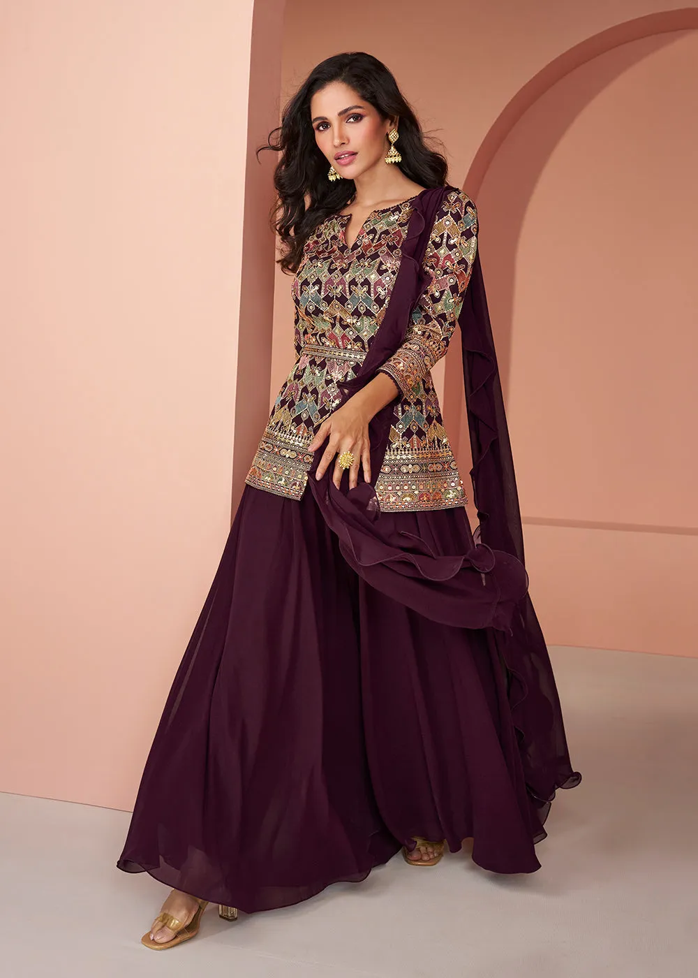 Multi Wine Embroidered Georgette Indo Wester Palazzo Suit