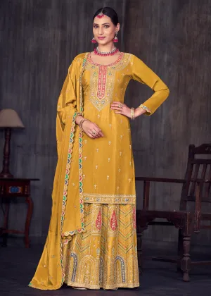 Mustard Heavy Chinnon Embroidered Lehenga Kurta Suit