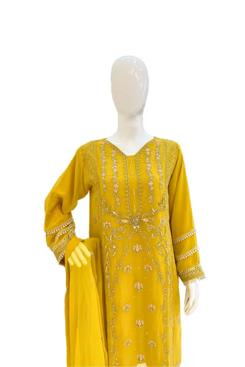 Mustered Yellow & Thread work Ladies Suit