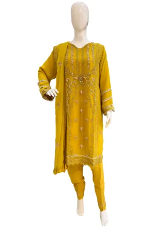 Mustered Yellow & Thread work Ladies Suit