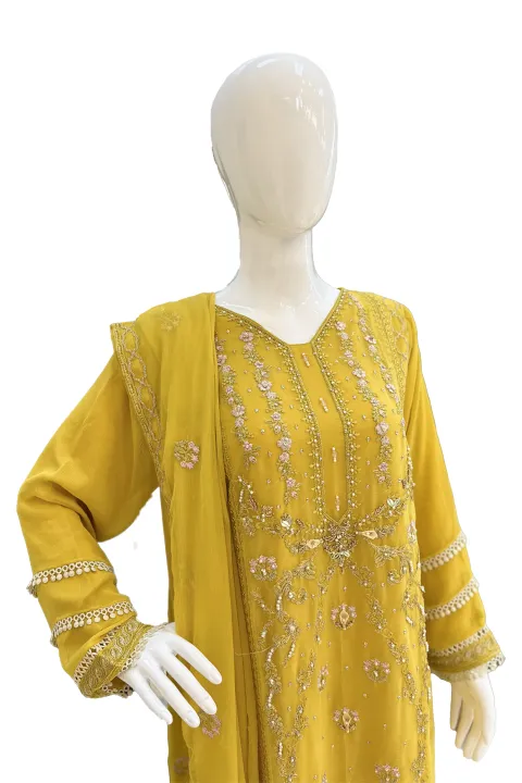 Mustered Yellow & Thread work Ladies Suit