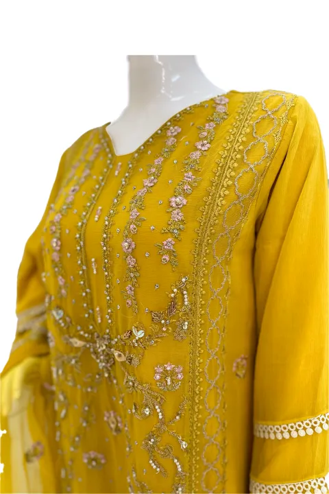 Mustered Yellow & Thread work Ladies Suit