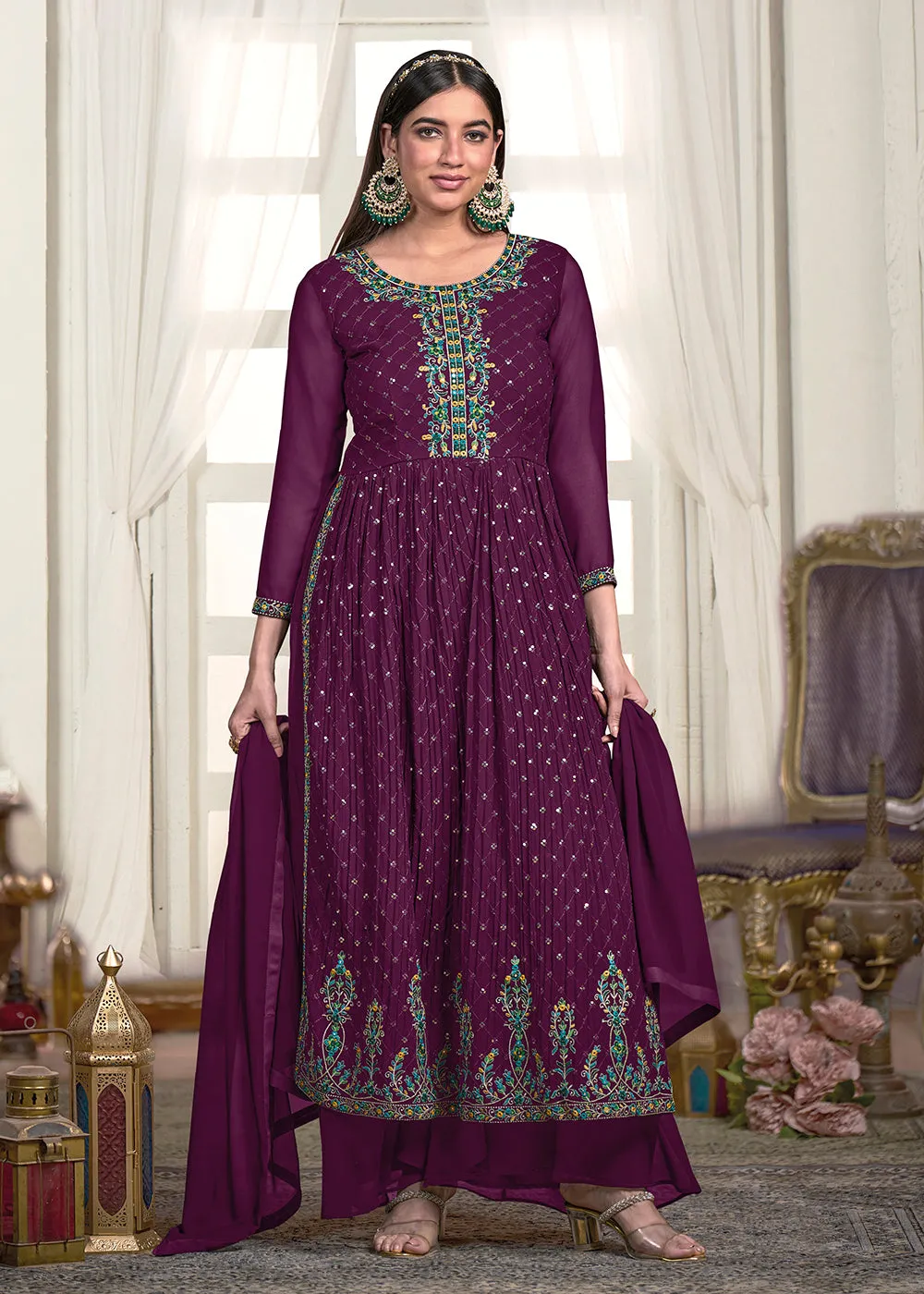 Nyra Cut Style Exquisite Purple Festive Palazzo Suit