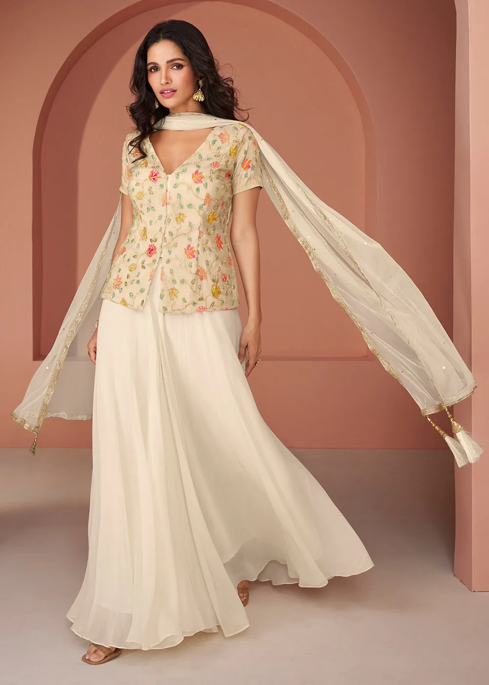 Off White Embroidered Georgette Indo Wester Palazzo Suit