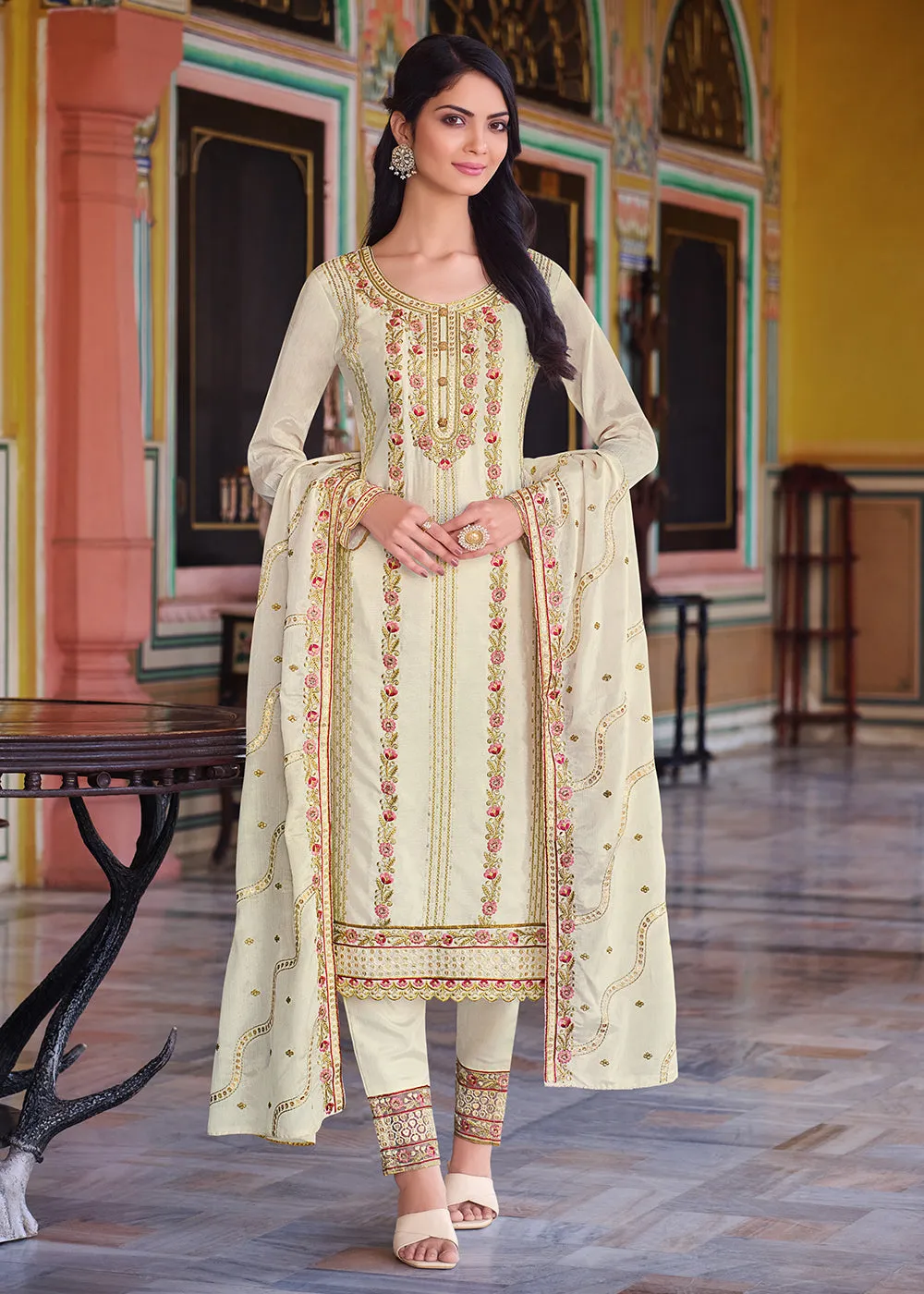 Off White Pakistani Pant Style Chinnon Salwar Suit