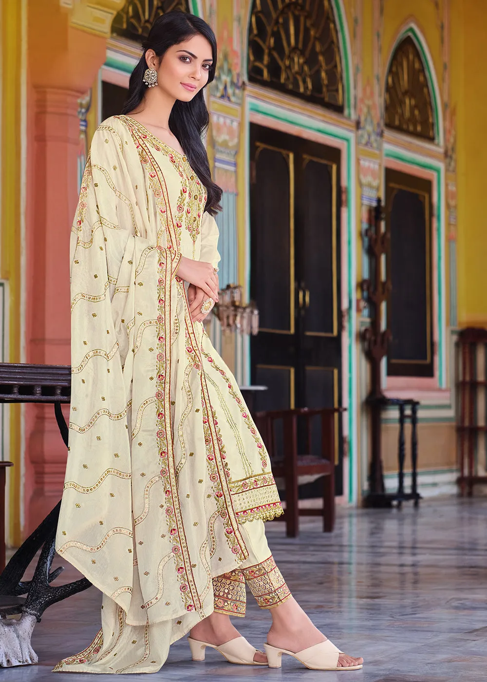 Off White Pakistani Pant Style Chinnon Salwar Suit