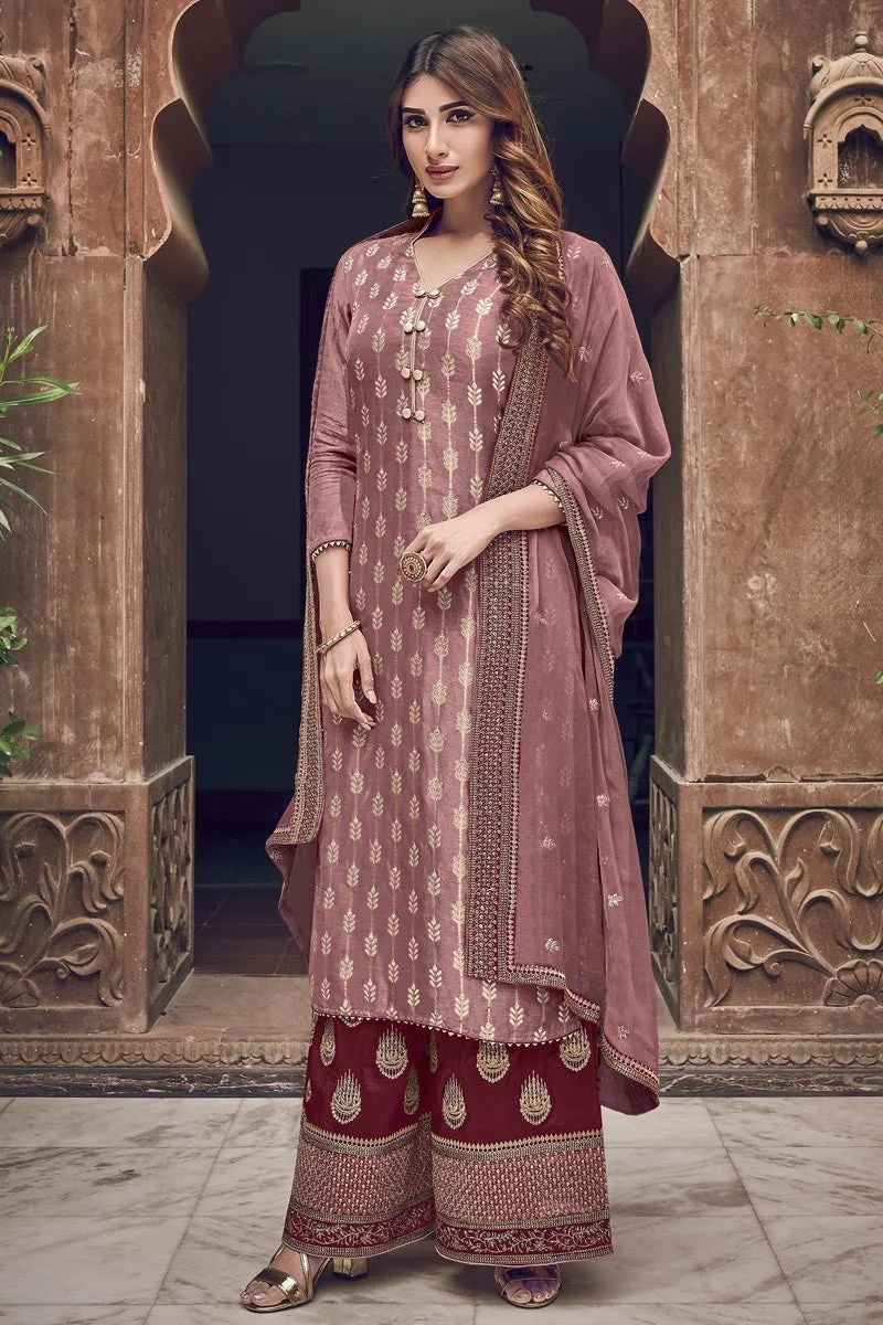 Old Rose Color Jacquard Embroidered Palazzo Style Suit