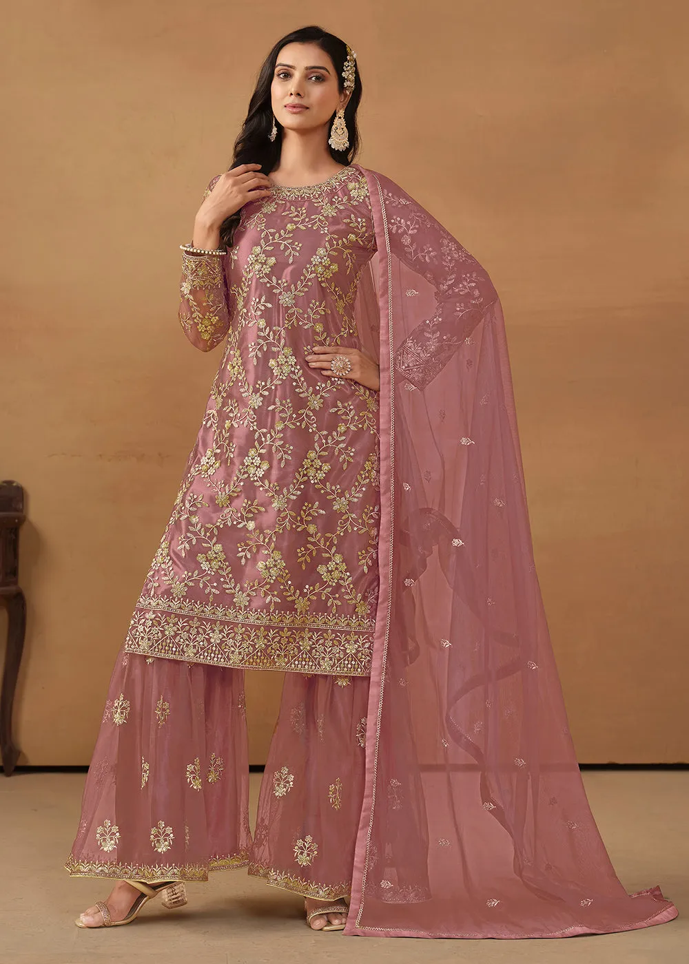 Old Rose Net Embroidered Wedding Festive Gharara Suit